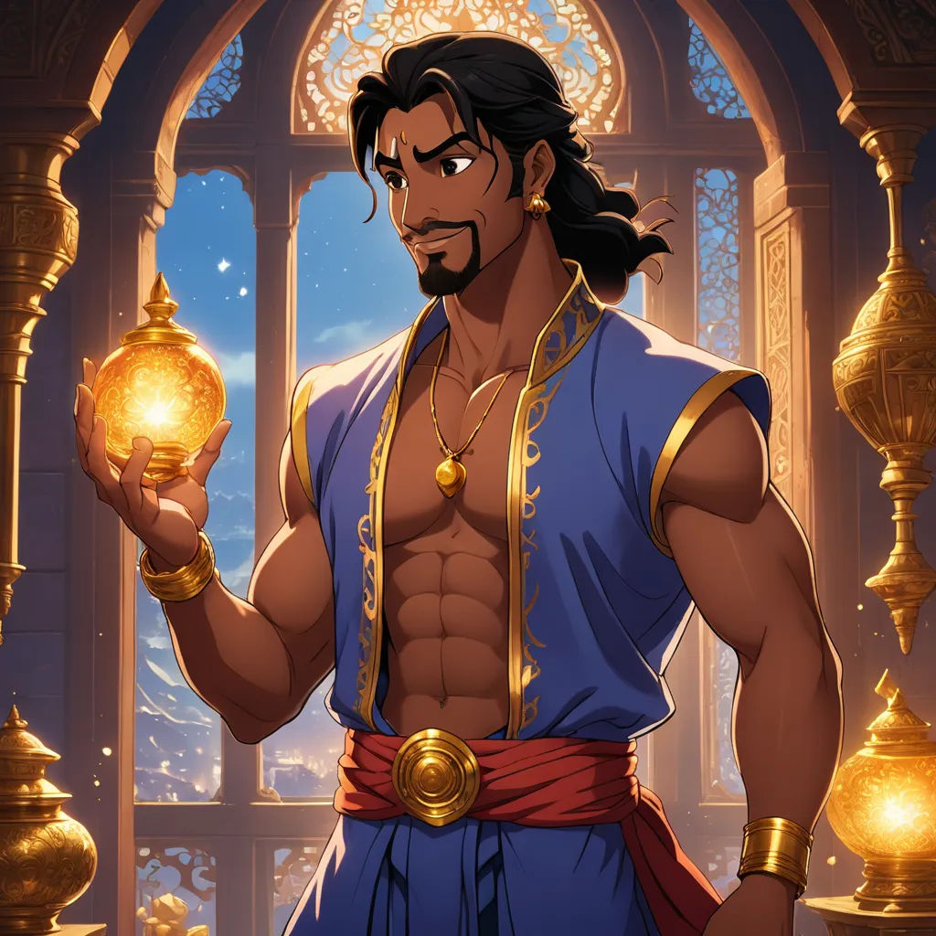 a man in a blue outfit holding a golden ball in his hand and a window behind him with a sky background, samikshavad, a character portrait, Altoon Sultan, rossdraws global illumination