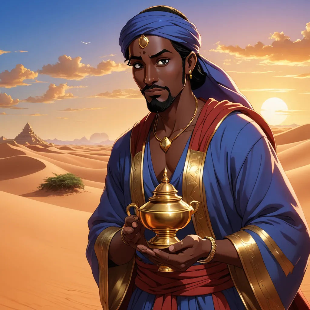 a man in a desert holding a golden tea pot in his hand and a desert landscape in the background, afrofuturism, a character portrait, Altoon Sultan, orientalism