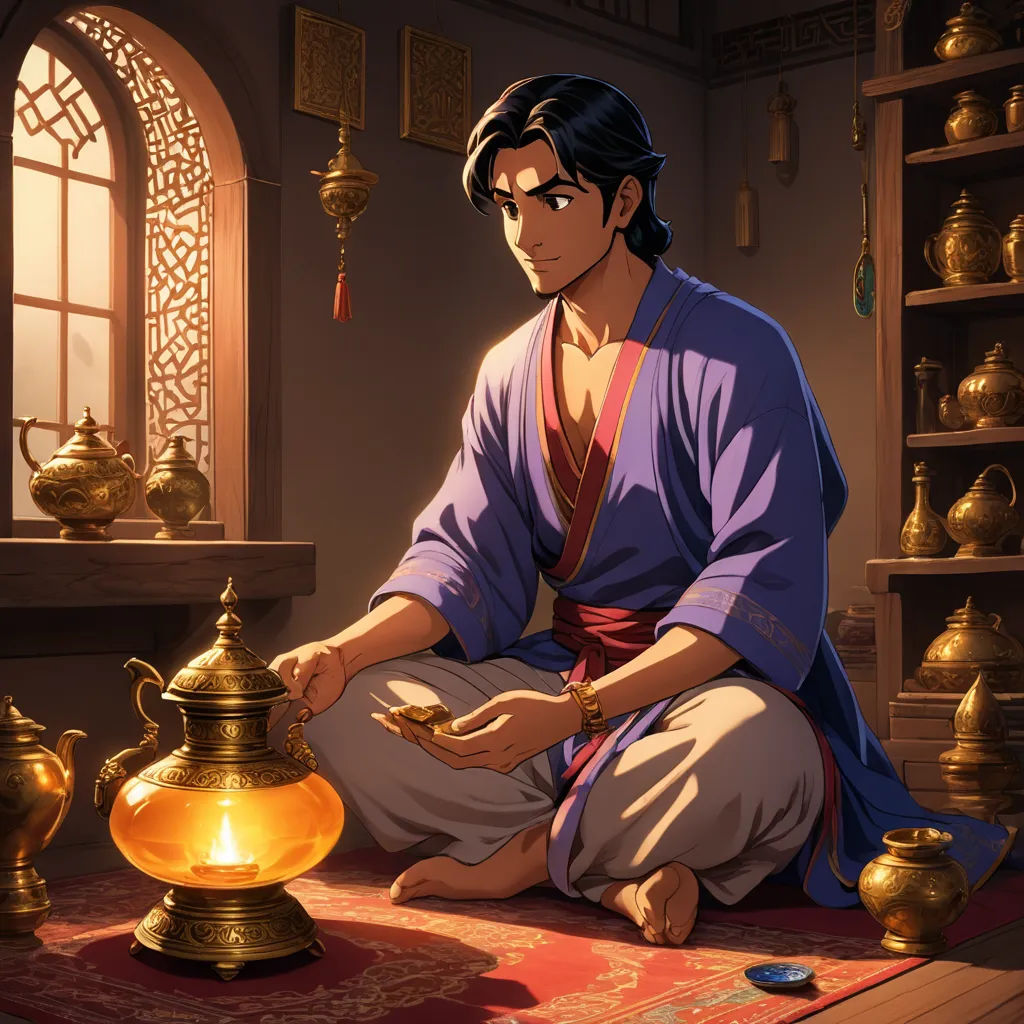 a man sitting on a rug in front of a lamp and a vase with a candle in it and a window behind him, dau-al-set, a character portrait, Altoon Sultan, rossdraws global illumination