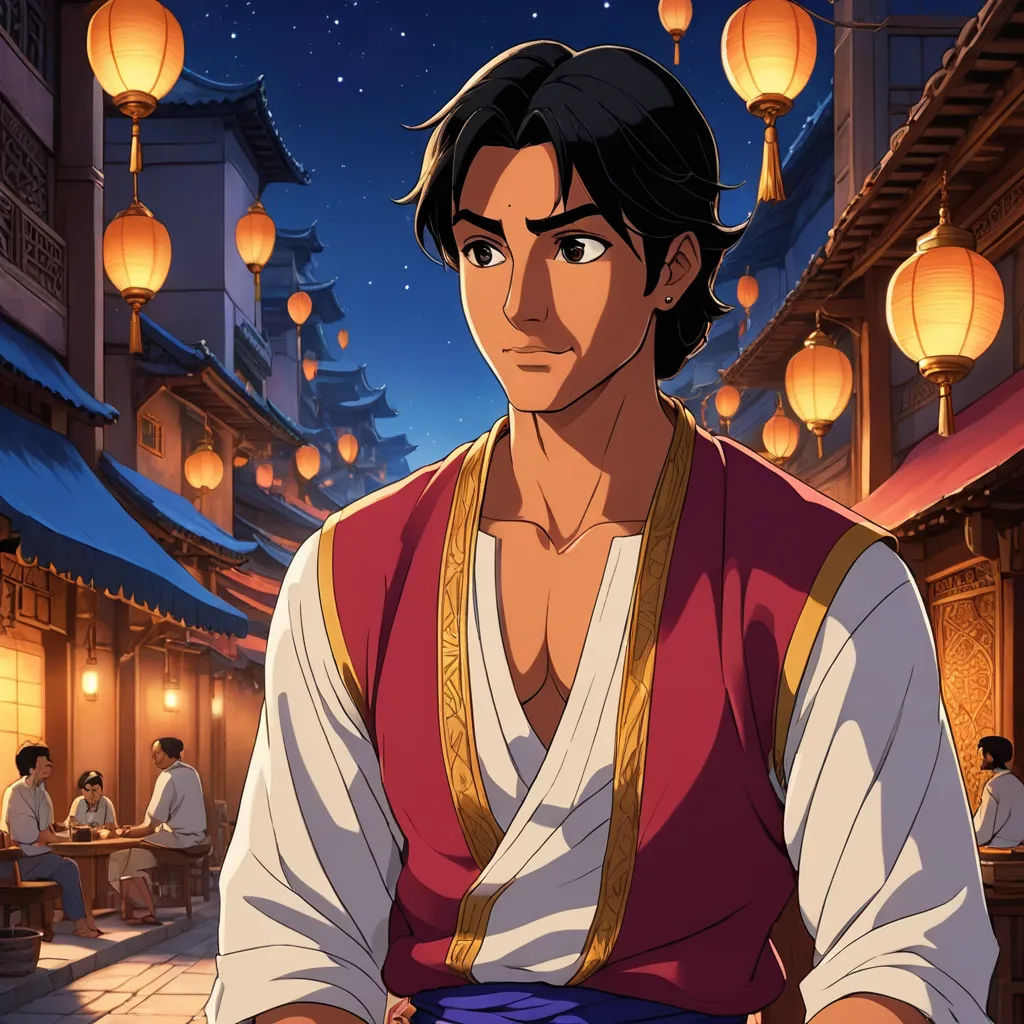 a man in a chinese style outfit standing in front of lanterns and lanterns hanging from the ceiling of a building, dau-al-set, concept art, Altoon Sultan, official art