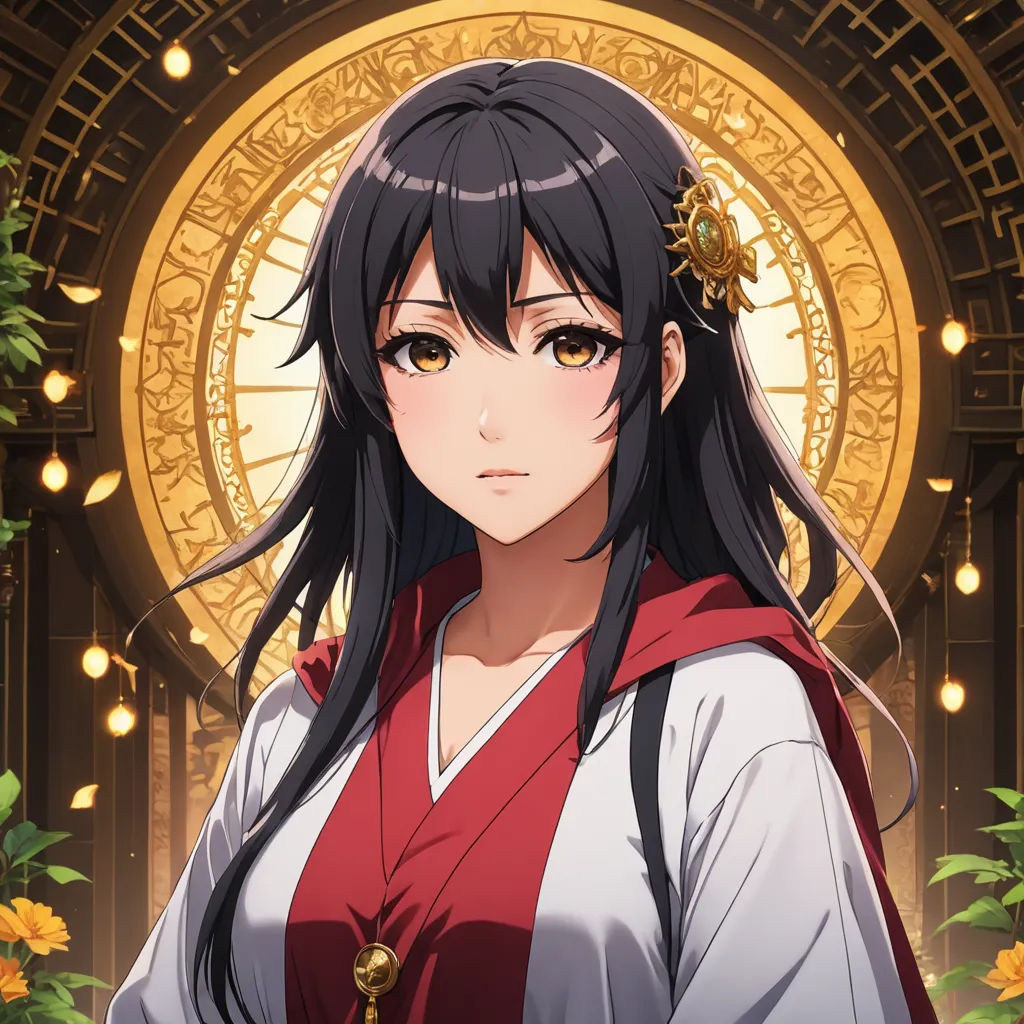 a woman with long black hair and a red dress standing in front of a golden circle with flowers on it, sots art, a character portrait, Ai-Mitsu, official art