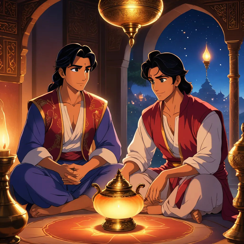 two people sitting on a floor next to a lamp in a room with lights on it and a lantern in the middle, dau-al-set, concept art, Brothers Hildebrandt, official art