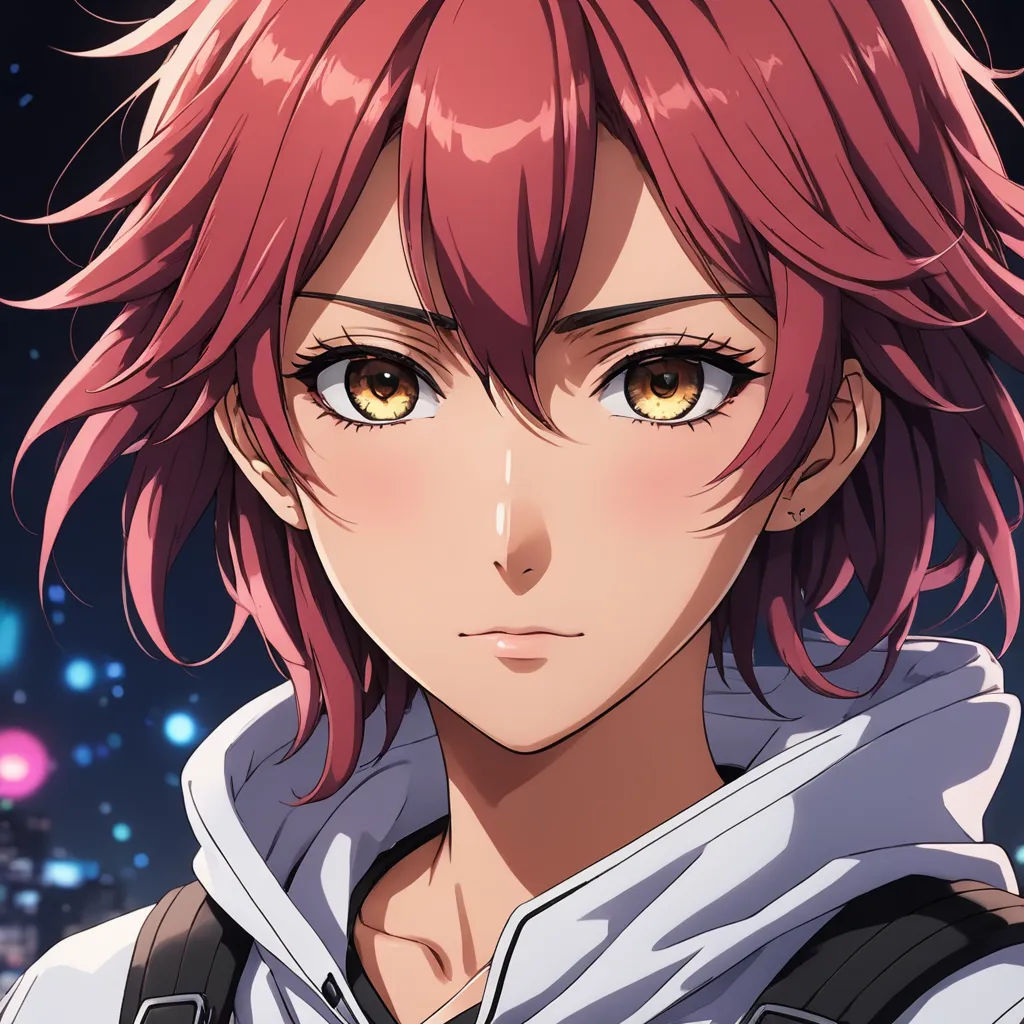 a anime character with pink hair and a white shirt and a black backpack and a city background with stars, sots art, a character portrait, Aguri Uchida, official art