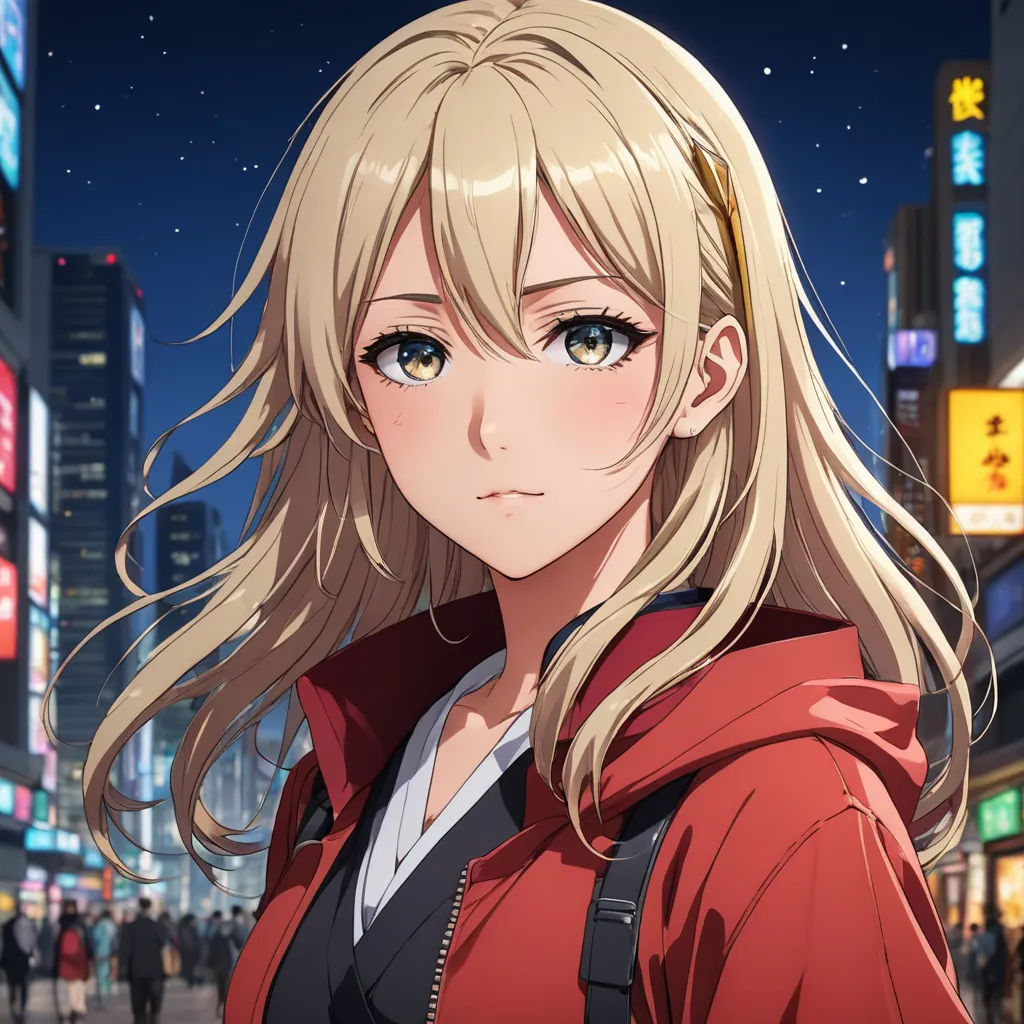 a woman in a red jacket standing in the street at night with a city in the background and a full moon in the sky, sots art, a character portrait, Aguri Uchida, official art
