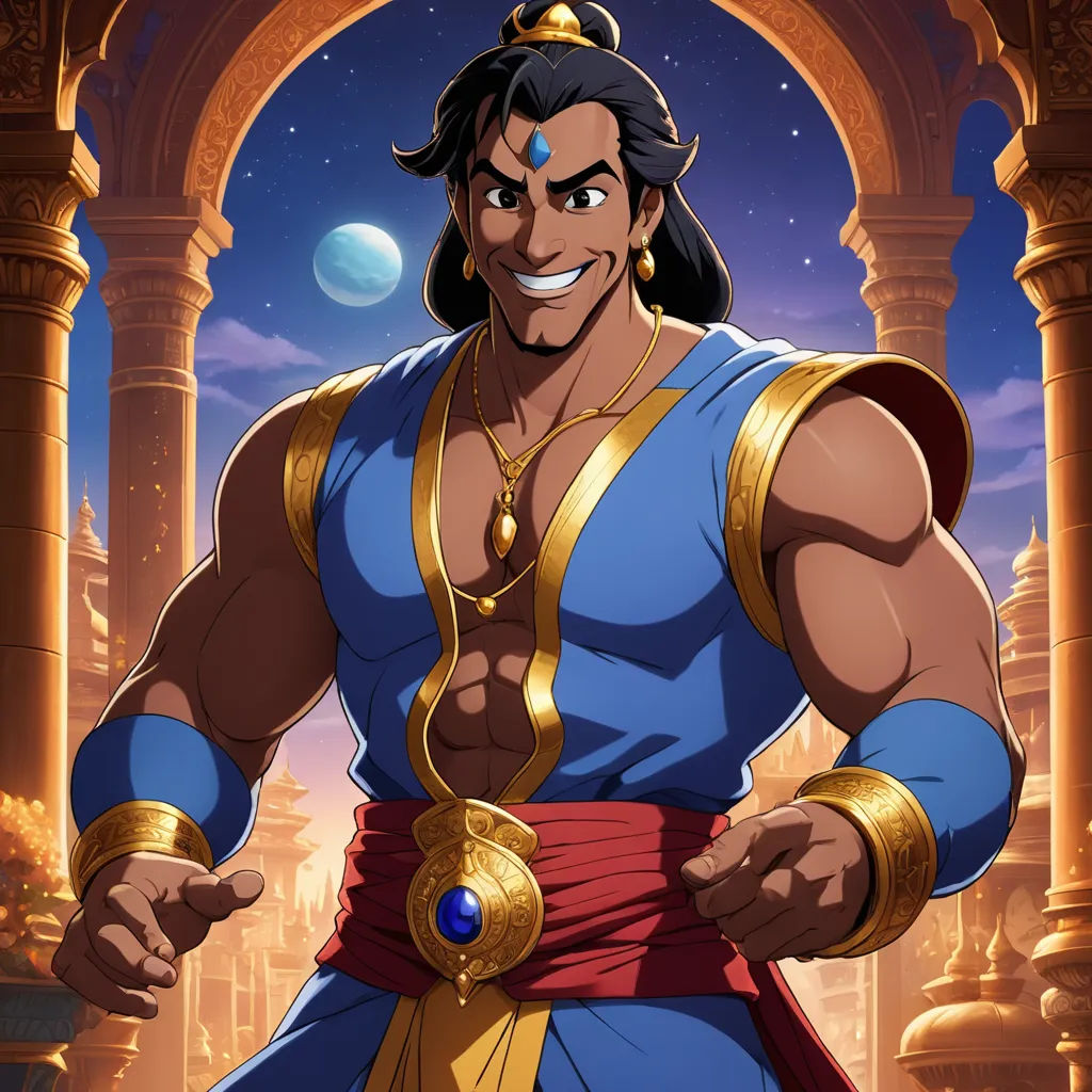 a cartoon of a man in a blue outfit with a gold belt and a smile on his face and chest, samikshavad, a character portrait, Altoon Sultan, official art