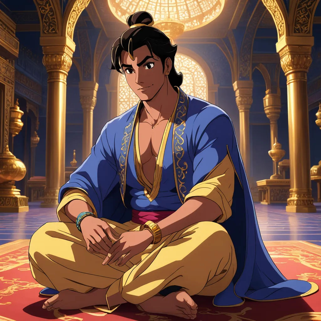 a man sitting on a rug in a room with a chandelier and a lamp in the background, dau-al-set, a character portrait, Altoon Sultan, official art