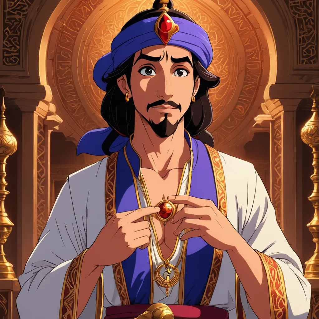 a cartoon of a man in a blue turban and a gold necklace and a golden ring in his hand, samikshavad, a character portrait, Altoon Sultan, official art