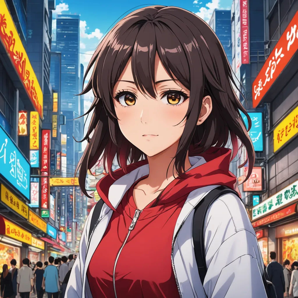 a woman in a red top and a city street with people in the background and a sign that says,, remodernism, a character portrait, Ai-Mitsu, official art