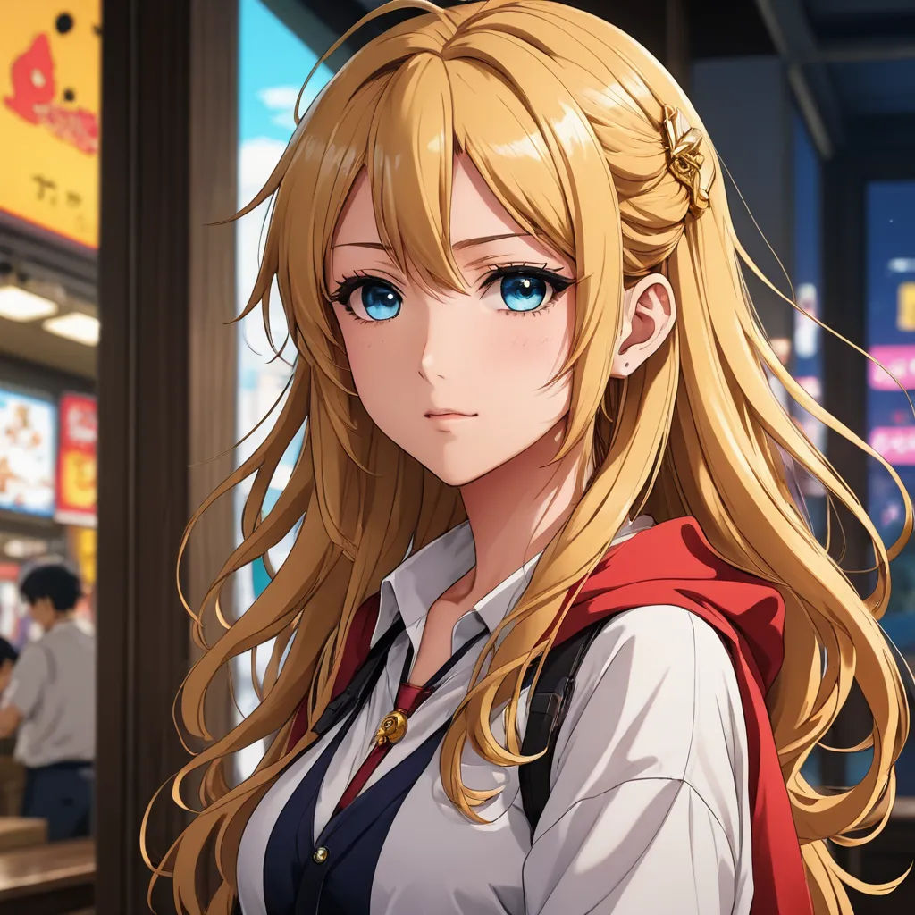 a blonde haired woman with long hair and blue eyes standing in a store front area with a man in the background, rayonism, a character portrait, Chizuko Yoshida, official art