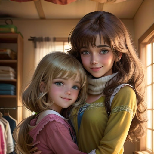 two young girls hugging each other in a room with clothes on the rack and a window behind them,