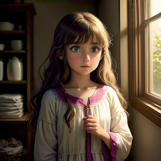 a painting of a little girl looking out a window at the outside of the house with a green bush in the background