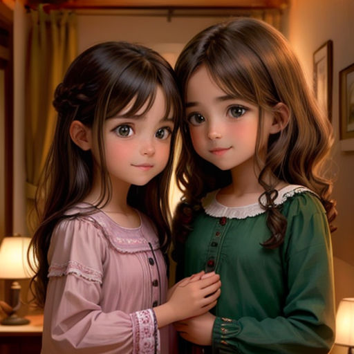two little girls standing next to each other in a room with a lamp on the wall and a mirror