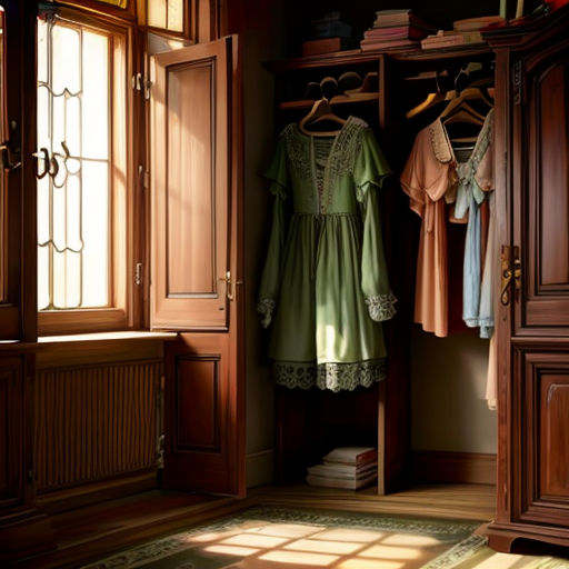 a closet with a green dress and a window with a sun shining through it and a rug on the floor