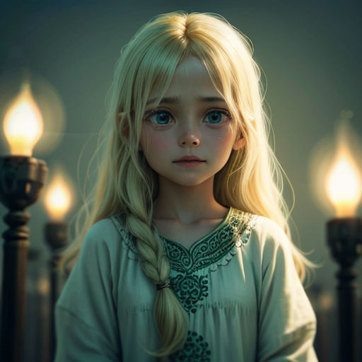 a little girl with long blonde hair standing in front of a row of candles with one light on her head