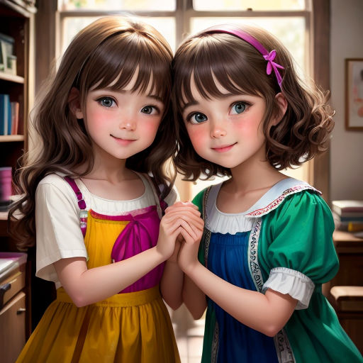 two little girls standing next to each other in a room with a window and a book shelf behind them