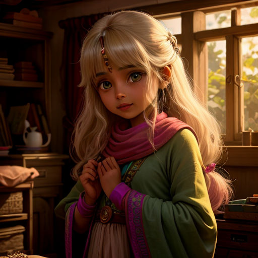 a young girl in a green dress standing in front of a window with a pink scarf on her head