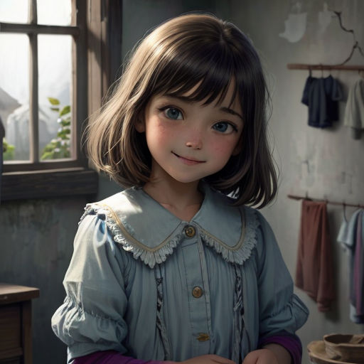 a little girl standing in a room with a window and a coat on the wall behind her and a coat hanging on the wall