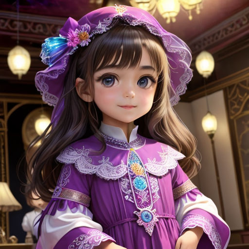 a little girl dressed in a purple dress and a purple hat with a blue bow on her head and a purple dress with a blue ribbon around the neck