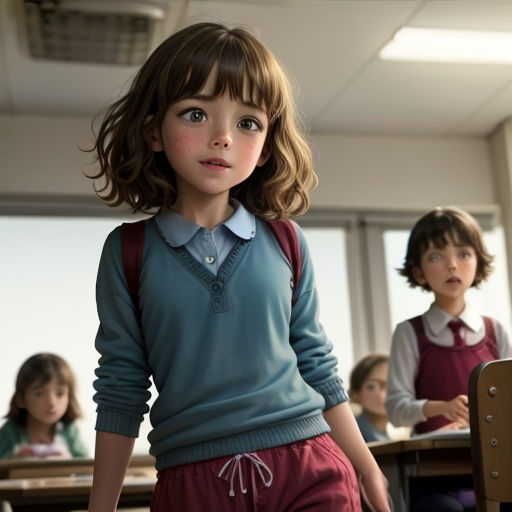a young girl standing in front of a classroom full of children sitting at desks and looking at the camera
