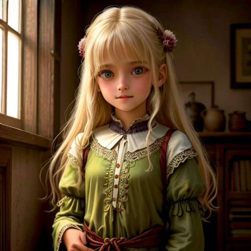 a painting of a girl in a green dress with a bow in her hair and a flower in her hair
