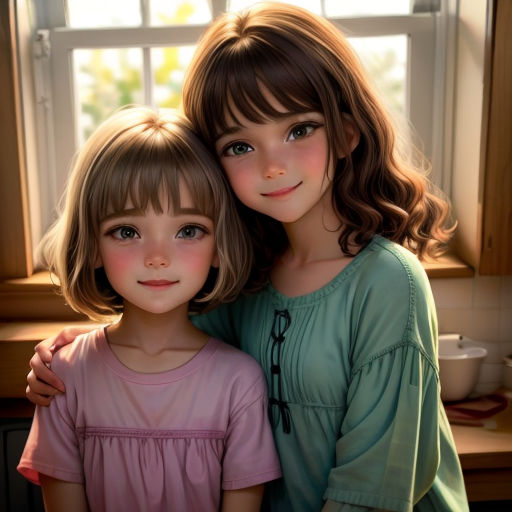 two little girls are standing next to each other in front of a window with a cup of coffee on the table