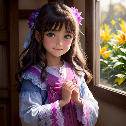 a little girl standing in front of a window with a flower in her hair and a purple dress on