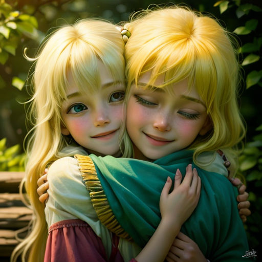 two little girls hugging each other in a forest setting with green leaves and greenery behind them, both wearing green and yellow