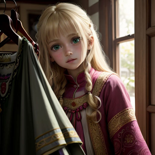 a girl in a dress holding a green umbrella next to a window with a wooden door and a window sill