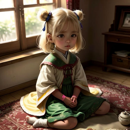 a little girl sitting on the floor in a room with a window and a rug on the floor and a teapot on the floor