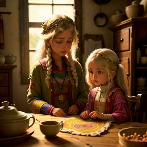 two little girls sitting at a table with a plate of food on it and a teapot in front of them