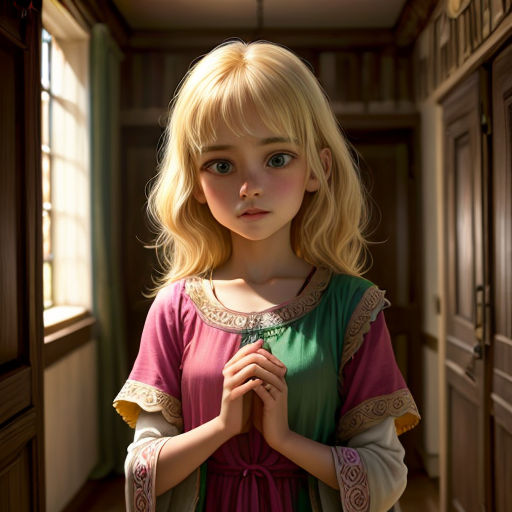 a little girl standing in a hallway with her hands together and looking at the camera with a serious look on her face