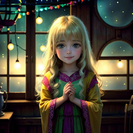 a little girl dressed in a princess costume standing in front of a window with lights on it and a teddy bear