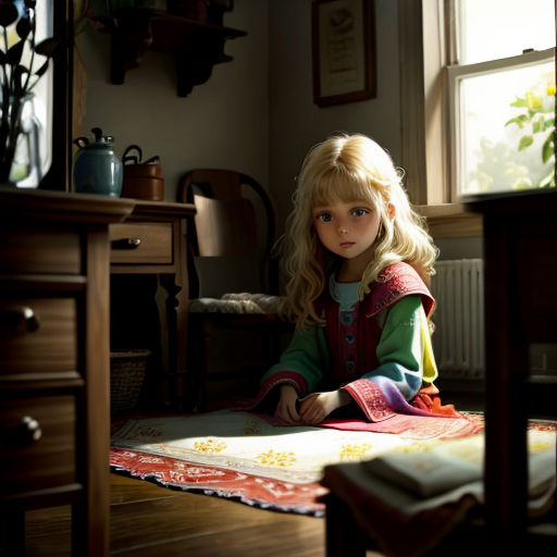 a little girl sitting on the floor in a room with a table and a chair and a window in the background