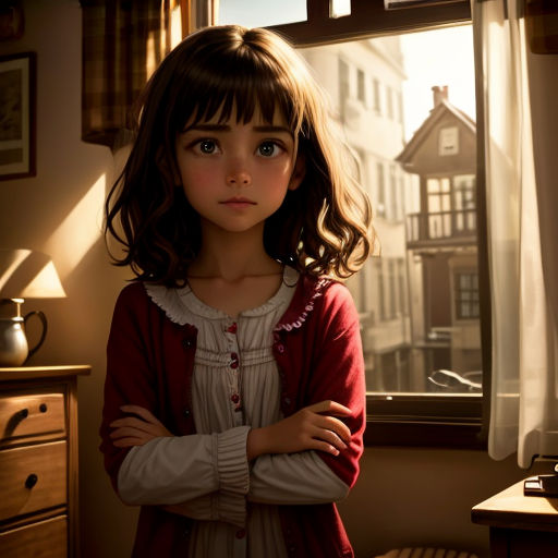 a little girl standing in front of a window with her arms crossed and looking at the camera with a city in the background
