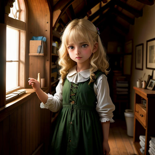 a little girl standing in a room next to a window with a candle in her hand and a book on the shelf