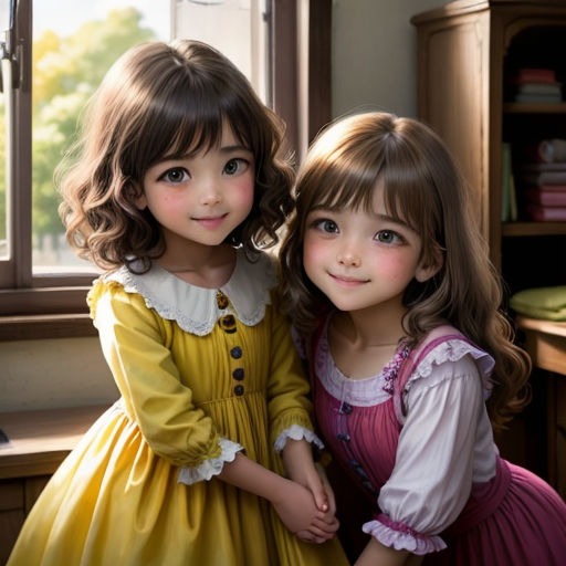 two little girls standing next to each other in front of a window with a bookcase behind them and a bookcase behind them