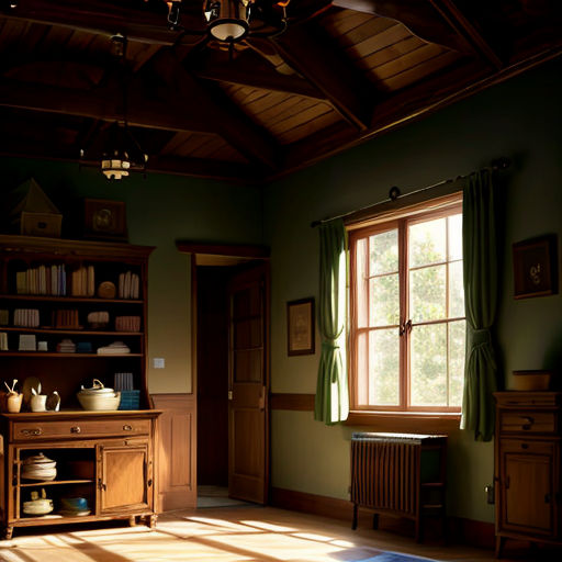 a room with a table, a cabinet, and a window with a green curtain on it and a rug on the floor