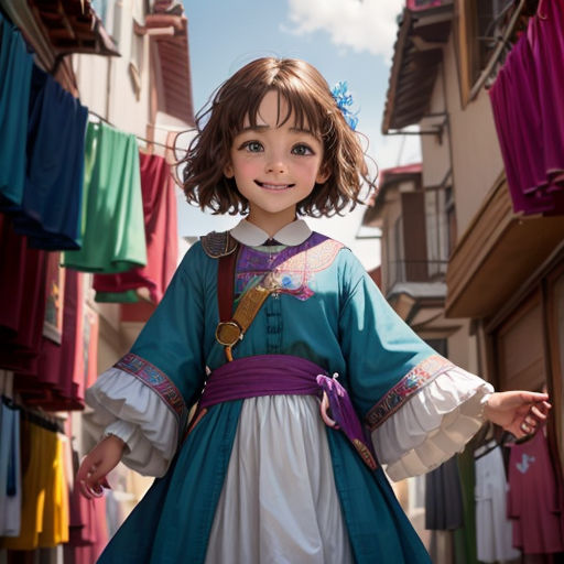 a little girl dressed in a costume standing in a street with clothes hanging on a line behind her and a blue sky in the background
