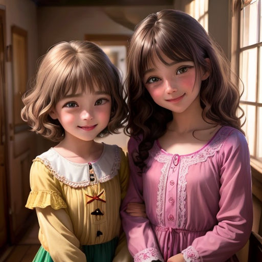 two little girls standing next to each other near a window with a cat on the ground next to them