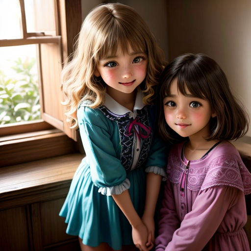 two little girls standing next to each other near a window with a window sill behind them and a window behind them
