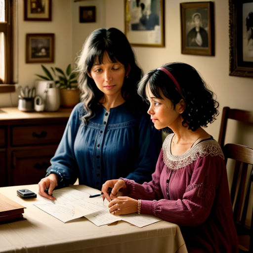 two women sitting at a table with a pen and paper in front of them, looking at a laptop
