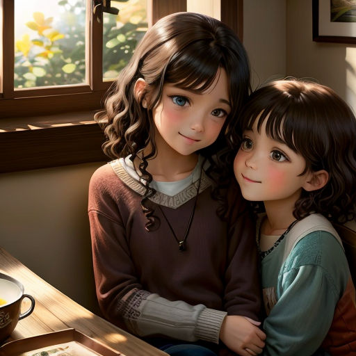 two little girls sitting next to each other on a bench in front of a window with a cup of coffee