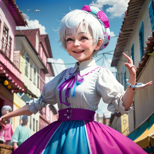 a woman dressed in a costume is standing in the street with her hands up and smiling at the camera