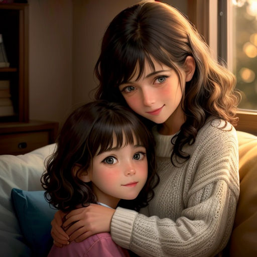 a painting of two girls hugging each other on a couch in a living room with a window in the background