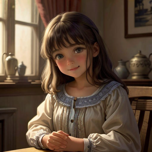a painting of a little girl sitting at a table with a teapot and tea kettle in the background