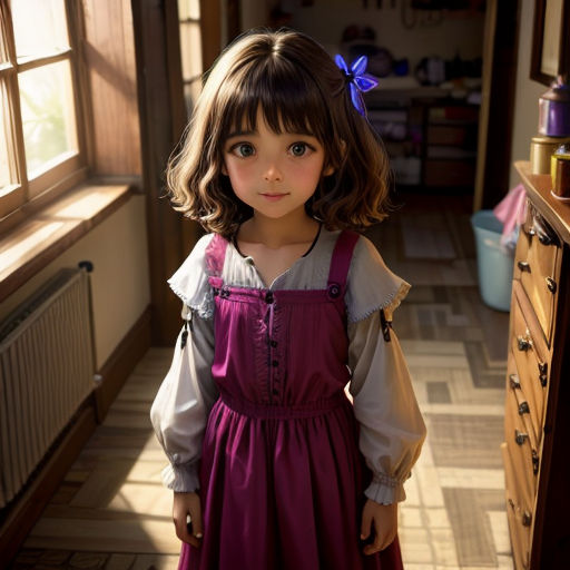 a little girl in a dress standing in a room with a window and a dresser in the background with a window behind her