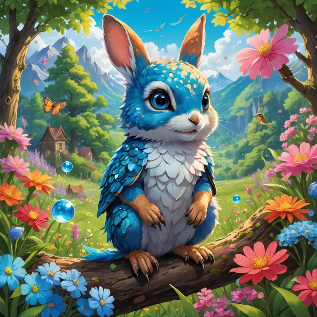 a painting of a blue bunny sitting on a branch in a forest with flowers and butterflies around it, with a house in the background, fantasy art, a detailed painting, Chris LaBrooy, official art