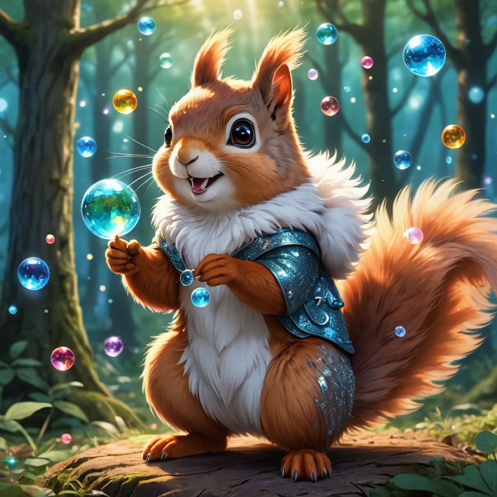 a squirrel is holding a bubble in a forest with bubbles around it and a forest background is depicted in the background, fantasy art, a fine art painting, Chris LaBrooy, magic the gathering artwork