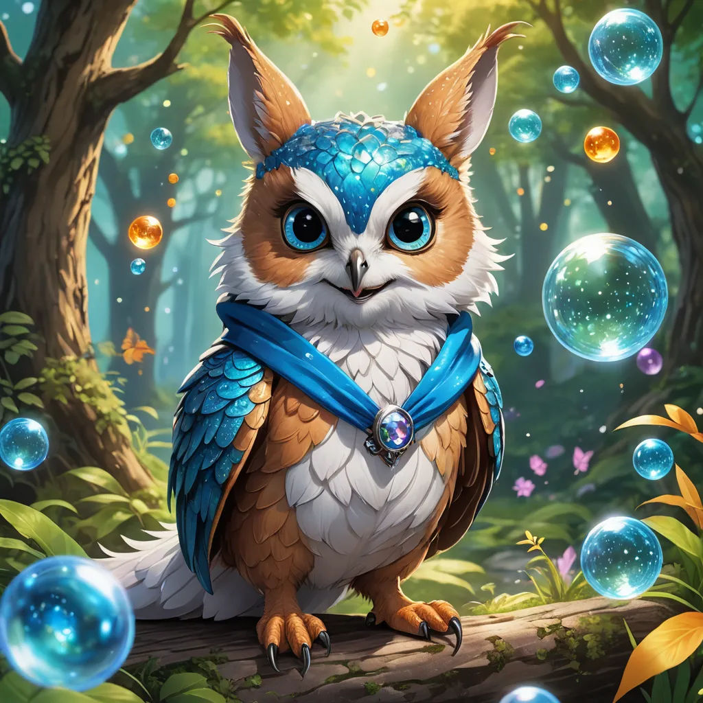 a painting of a blue eyed owl sitting on a branch in a forest with bubbles floating around it and a blue scarf around its neck, fantasy art, a character portrait, Chris LaBrooy, magic the gathering artwork