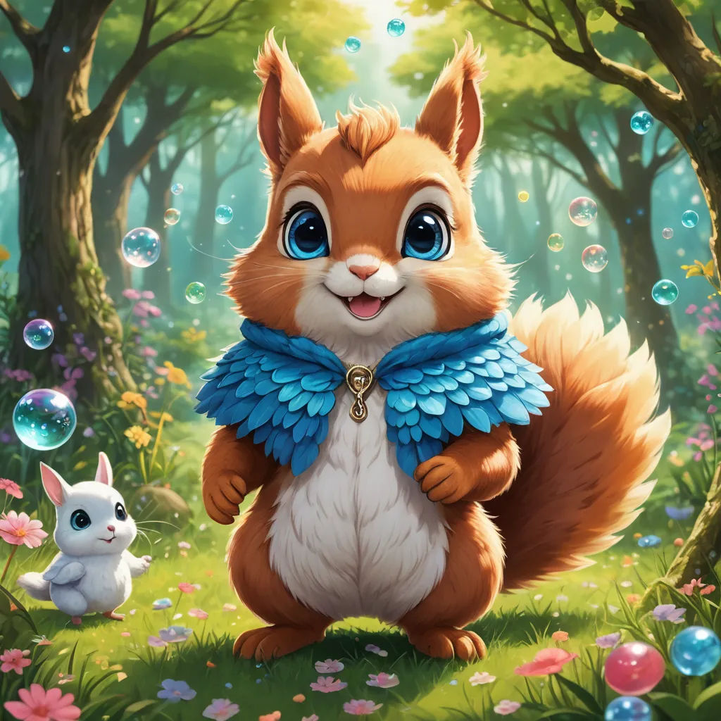 a painting of a squirrel and a bunny in a forest with bubbles in the air and trees and flowers, furry art, a character portrait, Chris LaBrooy, magic the gathering artwork